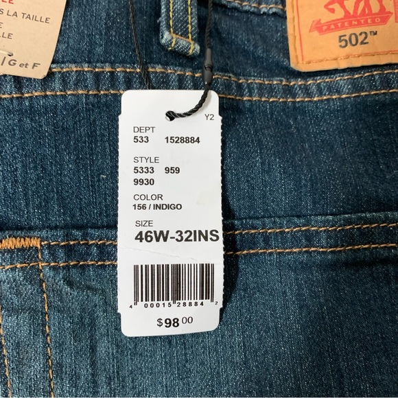 LEVI'S 502 Tapered Stretch 46 x 32" Regular Fit Blue Jeans NWT - Picture 4 of 6
